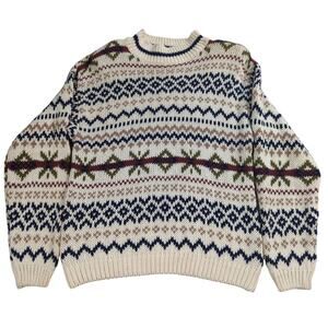 VTG Total Impact Sweater Mens M Cream Nordic Fair Isle Knit Ramie Cotton Korea